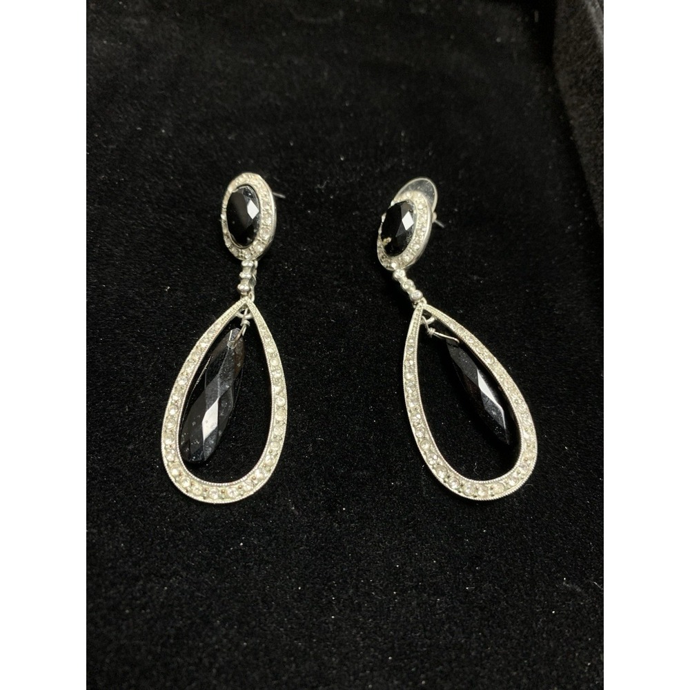 Monet Pierce Earrings Drop Dangle Black Silver Teardrop Rhinestone Glam